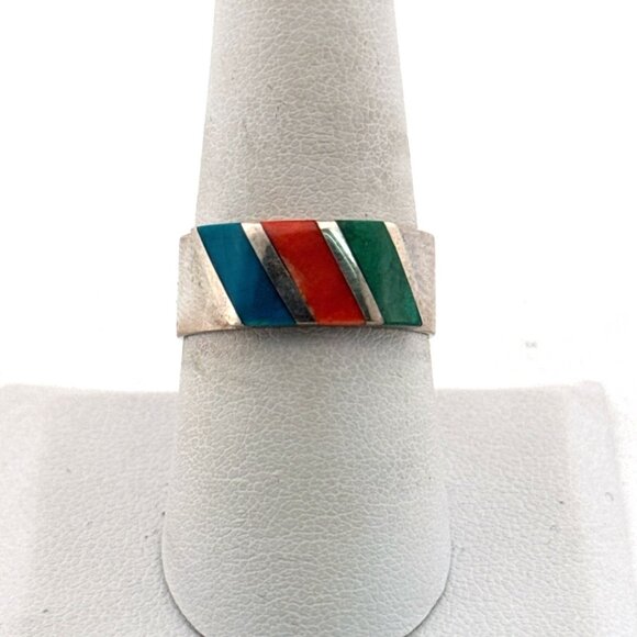 Estate Sterling Silver 925 Multi-Stone Inlay Ring Blue Green Orange Band Sz 8.5 - Picture 1 of 8